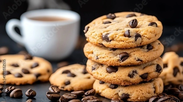 Fototapeta Stack of chocolate chip cookies with a cup of coffee in the background.