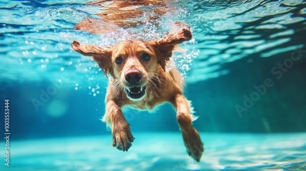 Fototapeta A golden retriever dog swims underwater in a pool with its ears up and mouth open.