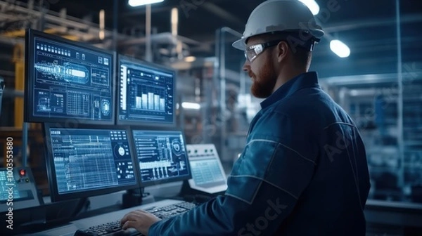 Fototapeta Main engineer following the plant process using Industry 4.0. Operator control process of production uses computer screens with SCADA system.