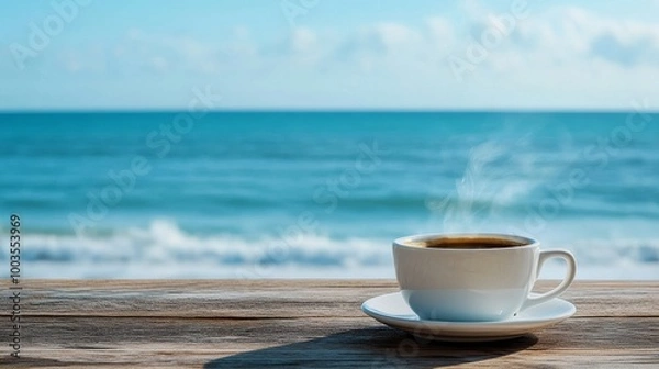 Fototapeta Coffee cup on wooden table by the