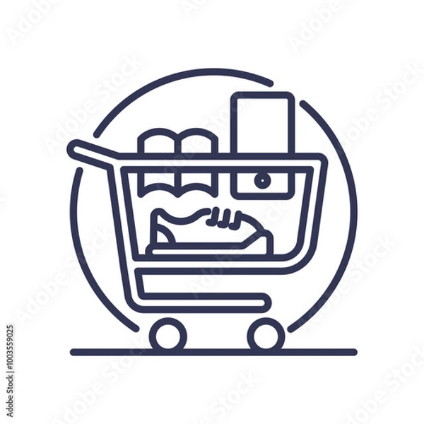 Fototapeta Shopping cart with book, shoe, and smartphone representing diverse consumer preferences and purchasing behavior.