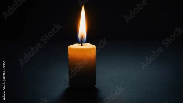 Fototapeta Single lit candle in center of dark background, casting warm glow and shadows