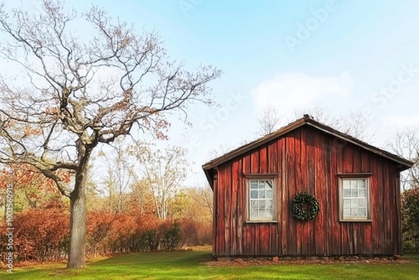 Fototapeta Rustic wooden cabin in serene autumn countryside with wreath AI generated