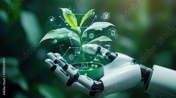 Fototapeta Robot hands gently holding a green plant, with digital icons representing the SDGs, clean