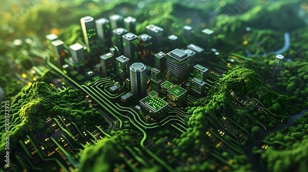 Obraz Futuristic city integrated with nature, a digital landscape that shows the interconnection of technology and environment.