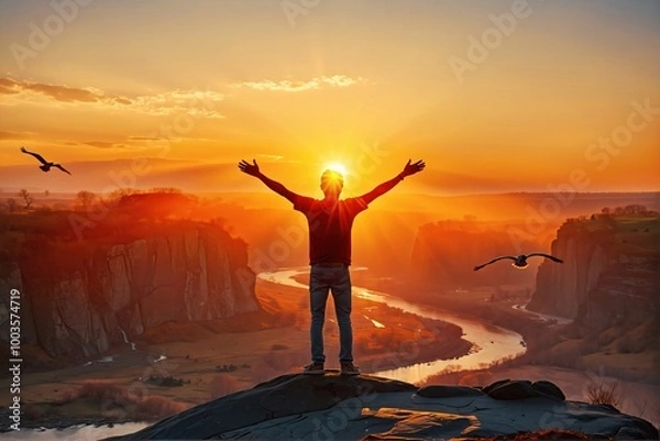 Fototapeta Persona alcanzando el éxito. Se representa en la cima de una montaña, en un atardecer, con los brazos extendidos, abrazando el éxito, en una puesta de sol simbólica. Senderismo. Paisaje. 