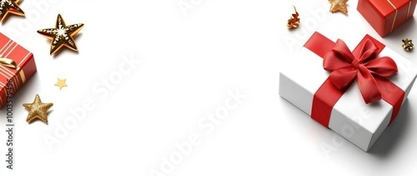 Fototapeta Noel is the name of the day. Christmas and New Year holiday background. Xmas greeting card. Xmas gifts on white background. Noel. Flat lay.