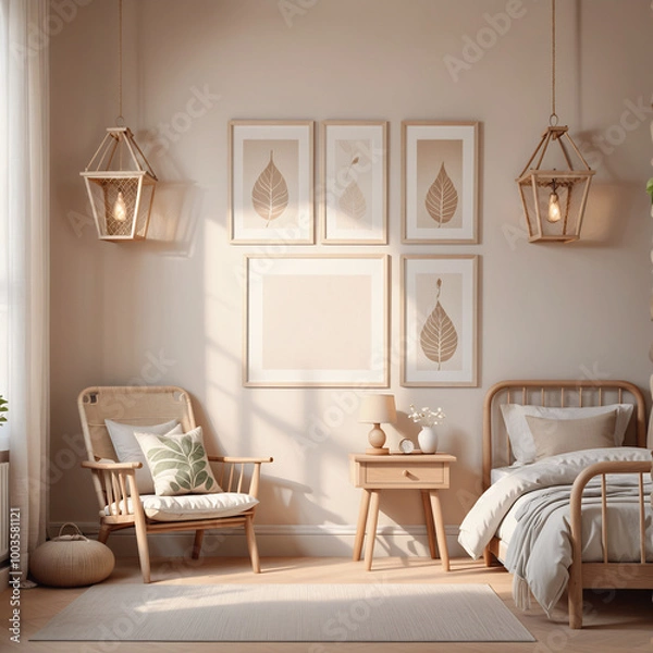 Fototapeta Mock up picture frame in children room interior background, neutral colours, 3D render