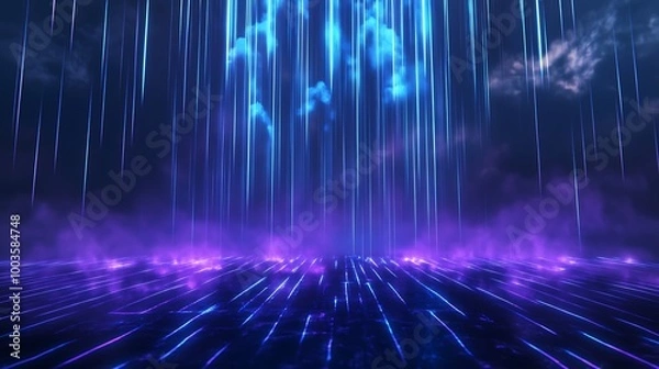 Fototapeta Vibrant light beams cascade through a dark atmosphere, creating an immersive and futuristic ambiance.