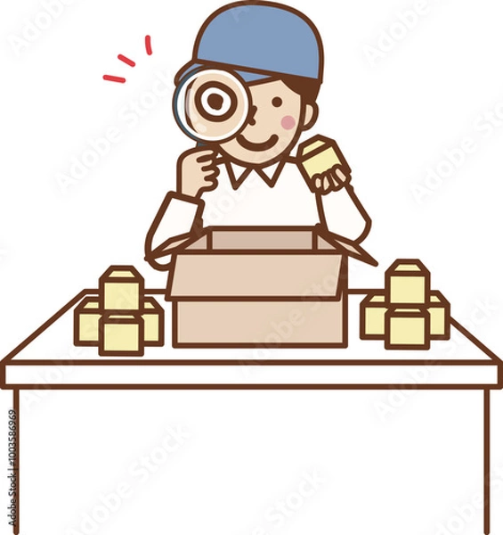 Obraz 虫メガネを持ち商品チェックする作業員の男性。