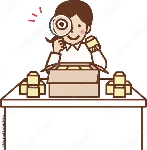 Obraz 虫メガネを持ち商品チェックする作業員の女性。