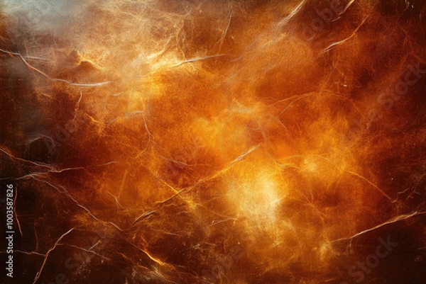 Fototapeta  Dark fantasy digital art depicting the cracked surface of an alien planet, glowing with golden light and smoke, with intricate patterns of cracks that resemble spider webs. Created with Ai 