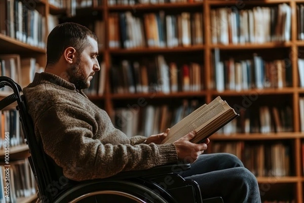 Fototapeta Man reading a book in a library, sitting in a wheelchair, focused on the pages.