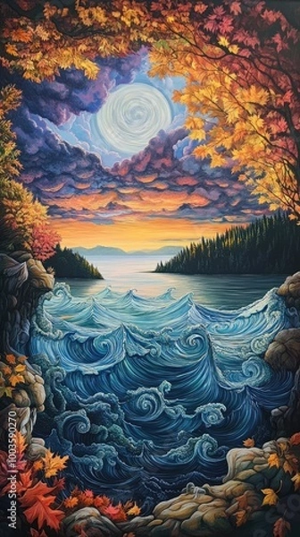 Fototapeta Vibrant Autumn Landscape with Dramatic Waves and Colorful Sky at Sunset
