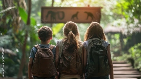Fototapeta Children exploring nature trails with backpacks in a vibrant forest environment.
