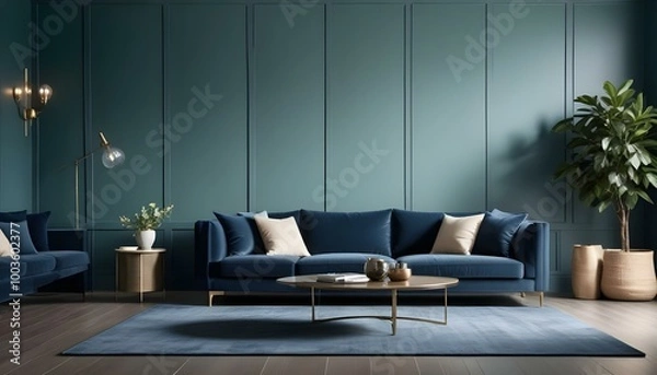 Fototapeta A modern living room with a large navy blue sofa, two beige throw pillows, and a glass coffee table on a gray rug in front of a dark green paneled wall.