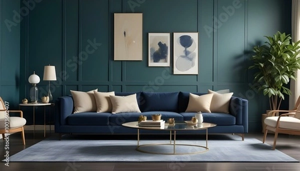 Fototapeta A modern living room with a large navy blue sofa, two beige throw pillows, and a glass coffee table on a gray rug in front of a dark green paneled wall.