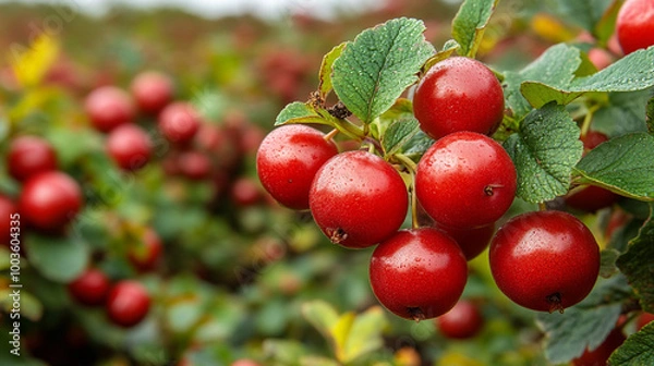 Fototapeta A close-up view of vibrant red berries on lush green leaves in a natural setting, showcasing the beauty of ripe fruit.