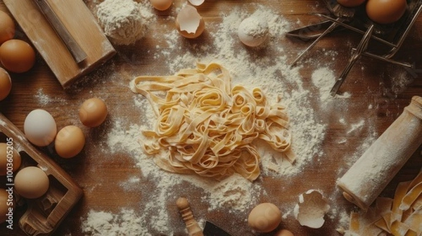 Fototapeta Flour-dusted table with freshly made Italian pasta, surrounded by rolling pins, eggs, and kitchen tools.