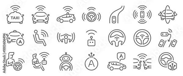 Fototapeta Autonomous car icon set. It included robot taxi, autopilot , auto drive, vehicle, auto-detect, and more icons. Editable Vector Stroke.
