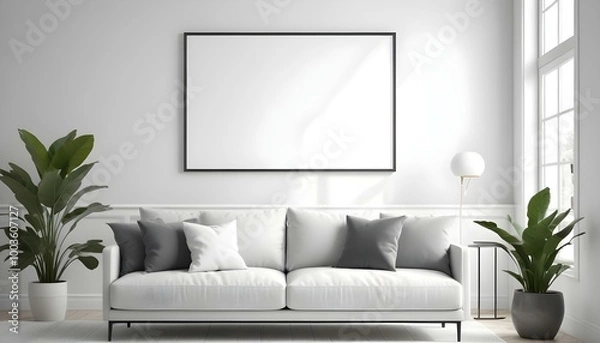 Fototapeta A modern living room with a gray sofa, white throw pillows, and a large blank white frame on the wall.