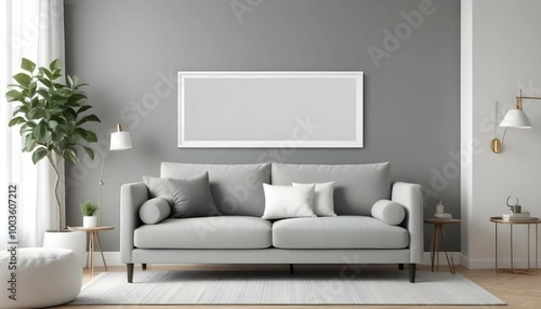 Fototapeta A modern living room with a gray sofa, white throw pillows, and a large blank white frame on the wall.