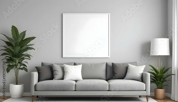 Fototapeta A modern living room with a gray sofa, white throw pillows, and a large blank white frame on the wall.