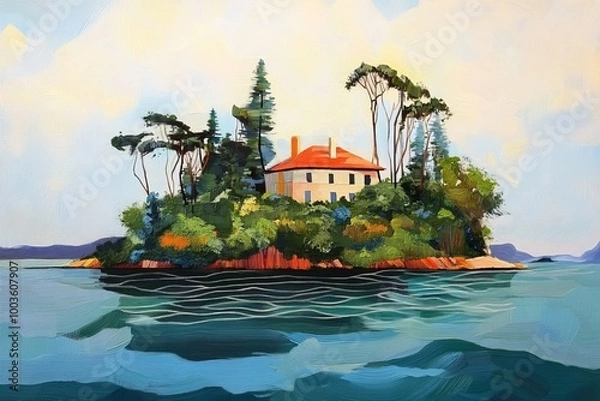 Fototapeta Coastal architecture depicted in outdoor painting.