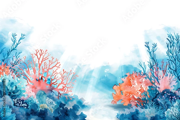 Fototapeta Beautiful colorful underwater world watercolor deep white background for print design.