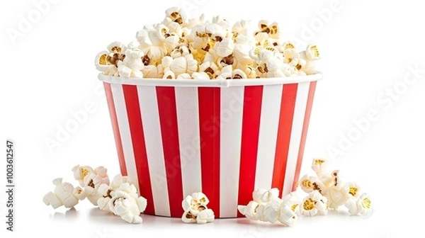 Fototapeta A red and white striped paper cup filled with popcorn