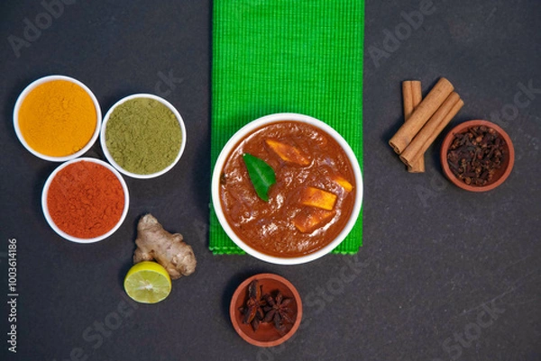 Fototapeta chicken fry, chicken gravy, mutton gravy along with lemon, ginger, garlic, chili powder, coriander powder, turmeric powder, cinnamon and spices on white plate and white bowl in the side of green towel