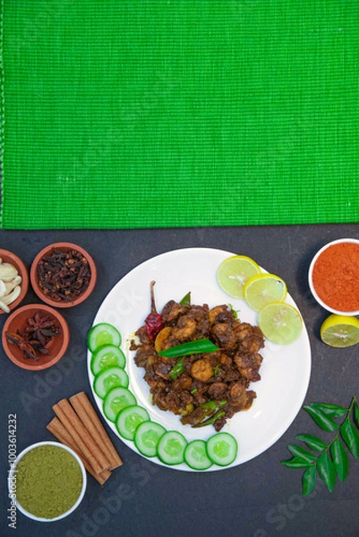 Fototapeta prawn fry and prawn pepper fry along with onion slice, lemon slice, cucumber slice, Star anise, cinnamon, chicken gravy and spices on white plate with green cloth