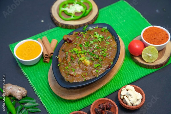 Fototapeta chicken gravy, mutton gravy along with onion, ginger, cashews, lemon, Star anise, cinnamon, pepper, clove, chutney, tomato and spices on black bowl and green towel