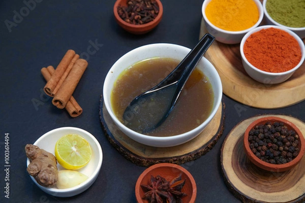 Fototapeta mutton soup, chicken soup, vegetable soup along with onion or creamy onion raita, lemon, Star anise, cinnamon, pepper, clove, chutney, chicken gravy and spices on white bowl