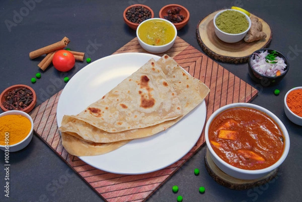 Fototapeta chapati along with onion or creamy onion raita, lemon, tomato, Star anise, green peas, chicken gravy, mutton gravy and spices on white plate