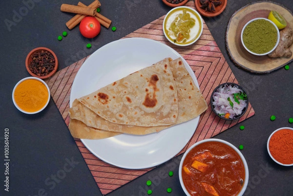 Fototapeta chapati along with onion or creamy onion raita, lemon, tomato, Star anise, green peas, chicken gravy, mutton gravy and spices on white plate