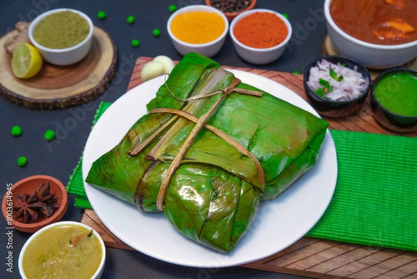 Fototapeta Vazhai ilai parotta, banana leaf parotta along with onion or creamy onion raita, lemon, tomato, Star anise, chicken gravy and spices on white plate