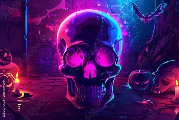 Fototapeta Neon glowing skull with vibrant colors cool halloween wallpapers

