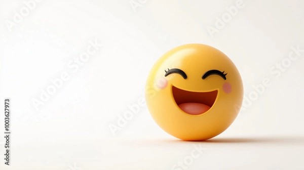 Fototapeta A happy, smiling emoji with a bright yellow face, radiating joy and positivity in a clean, minimalist design.