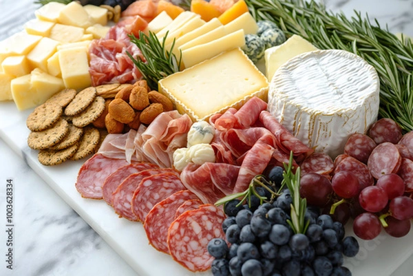 Fototapeta A beautifully arranged charcuterie board filled with artisanal cheeses, cured meats, fresh fruits, and crackers on a marble surface, Breakfast board selection