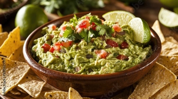 Fototapeta A bowl of guacamole with tortilla chips on the side, garnished with fresh cilantro, lime wedges, and diced tomatoes.