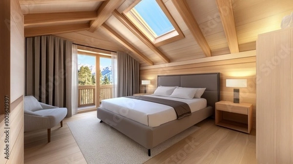Fototapeta 3D rendering of a cozy attic bedroom with skylight, featuring white and wooden elements and beige curtains