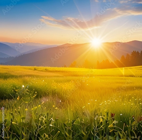 Fototapeta Beautiful sunrise in the mountain..Meadow landscape refreshment with sunray and golden bokeh.