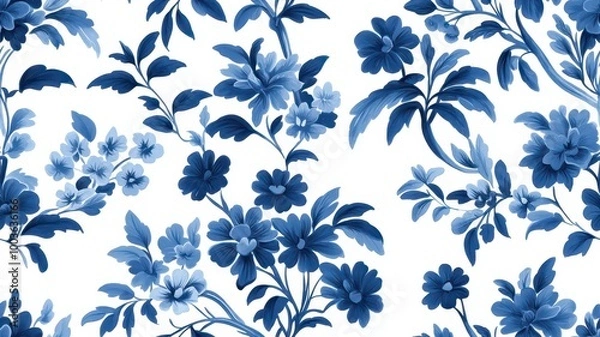 Fototapeta A beautiful blue floral pattern on a white background, featuring various blossoms and leaves in a delicate, artistic style.