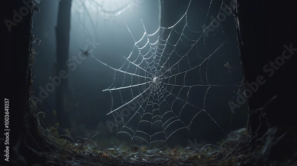 Fototapeta Ethereal Spider Web in Foggy Forest Setting