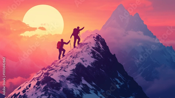 Obraz Hiker helping friend reach the mountain top, Generative Ai illustration

