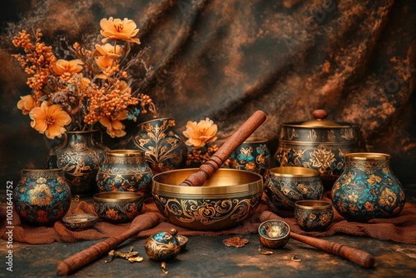 Obraz A set of Tibetan singing bowls, several vases with turquoise and orange flowers on the table. Created with Ai