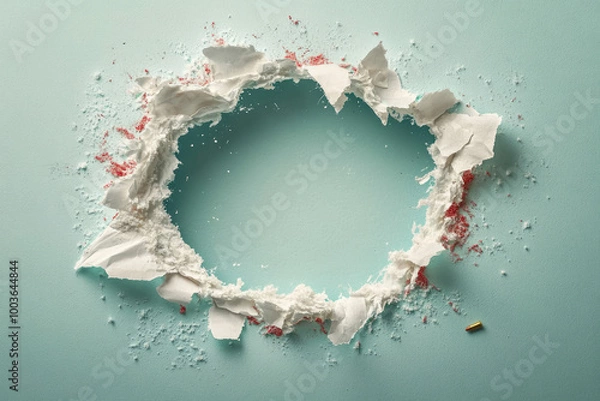 Fototapeta A hole in the wall made of white plaster, with a small amount of broken and torn edges around it. Created with Ai