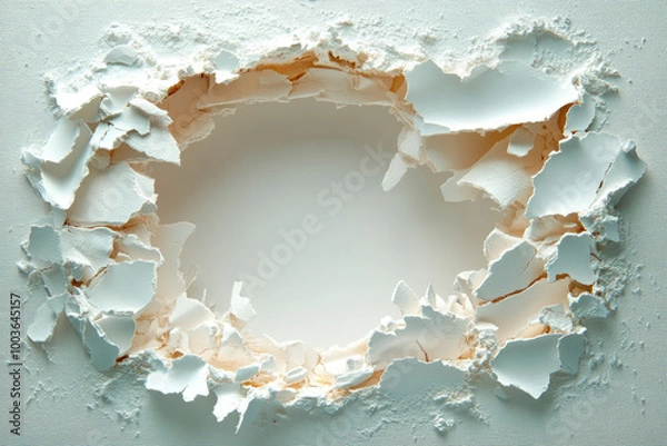 Obraz A ripped hole in a white wall, with a paper-like texture. A hole in the center of an eggshell-colored wall with ragged edges. Created with Ai
