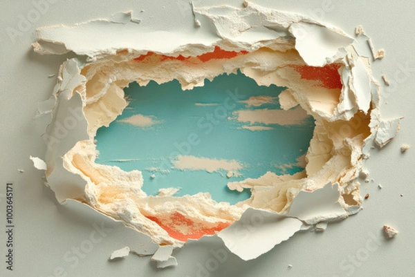 Obraz Photo of a hole in a wall, against a white background. Created with Ai